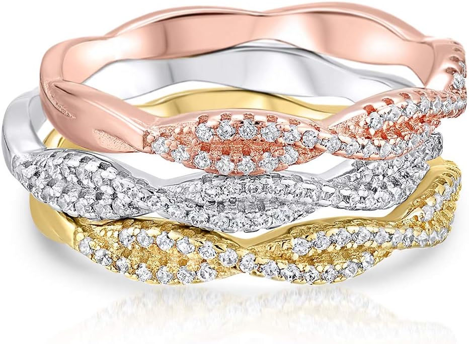 Art and Molly Sterling Silver Stackable Ring Sets Three-Tone Twisted Infinity with Cubic Zirconia