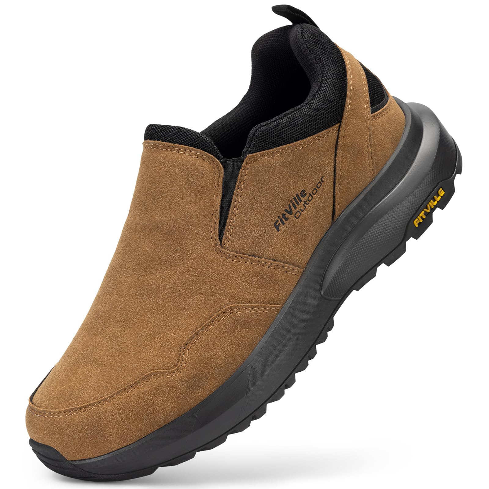 FitVille Slip On Wanderschuhe Herren Extra Breit Trekkingschuhe rutschfeste Outdoor Schuhe Atmungsaktiv Freizeitschuhe Leichte Walkingschuhe,Dünenbraun,46 EU,X-Weit