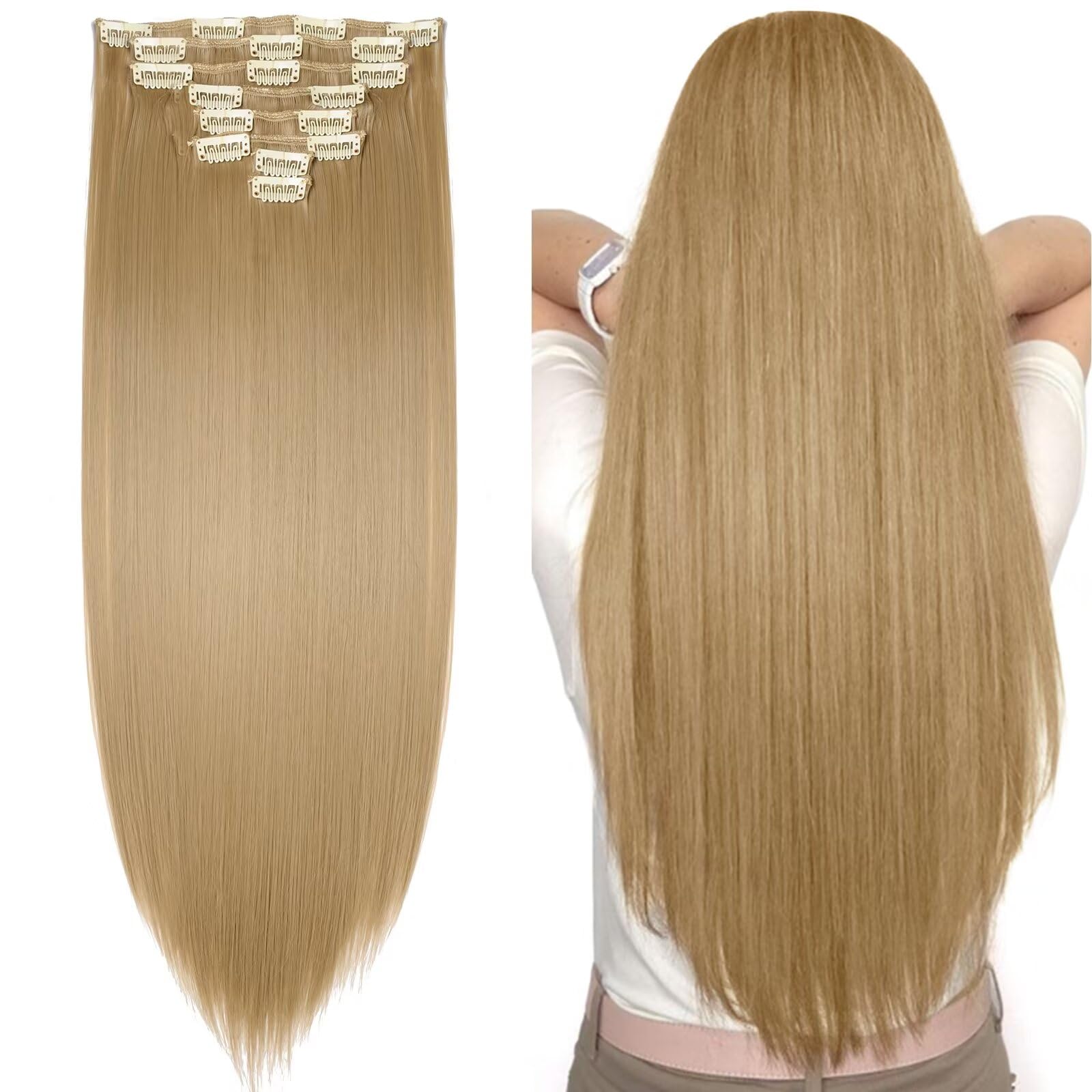 Ash Blond Hair Extensions Clip in Long Straight Ombre Extension Hairpiece 23inch Full Head 8 Pieces 18 Clips — image 1