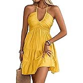 SOLY HUX Women's Summer Mini Dress Halter Backless Sleeveless A Line Ruffle Hem Flowy Cami Dresses Sundress