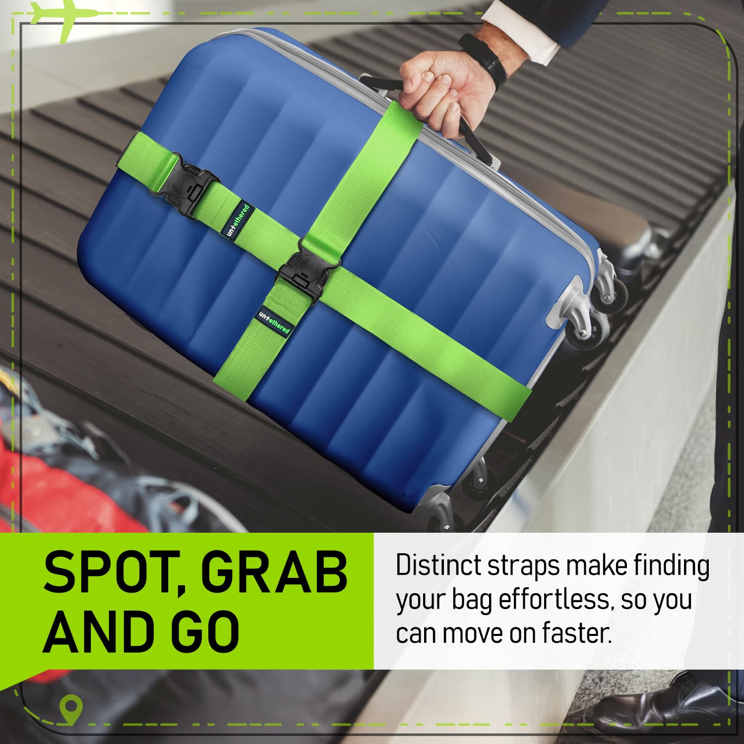 Untethered Untethered Luggage Straps | TSA-Approved Suitcase Belts with Heavy-Duty Buckles. Secure Adjustable Travel Accessories for Checked Bags. 4-Pack