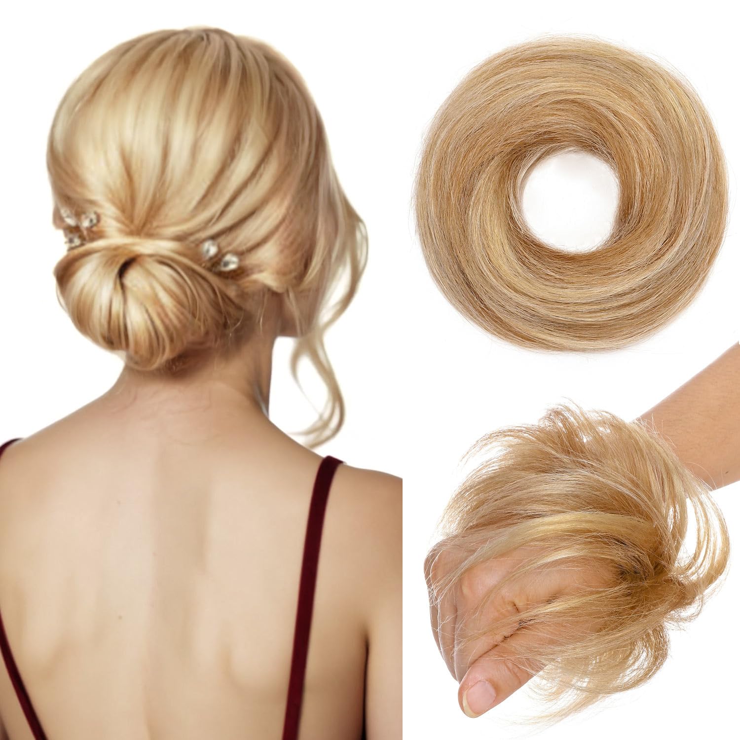 Photo 1 of TESSHAIR Human Hair Messy Bun, 100% Real Hair Bun Extensions for Women,Natural Wavy,1 Count#-12P613 Golden Brown & Bleach Blonde