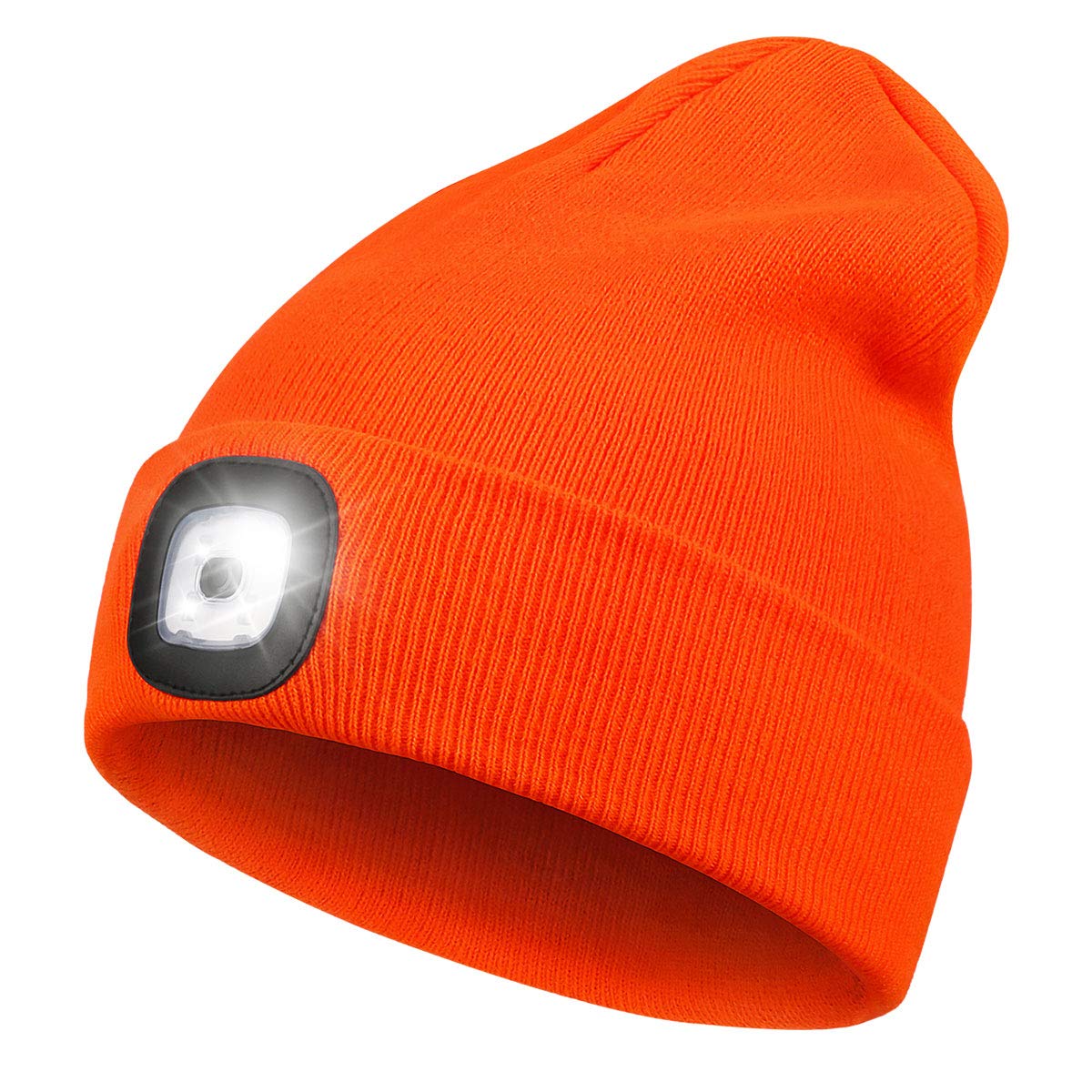 Rechargeable LED Lighted Beanie, Perfect Dad Gifts in Christmas, Stocking Fillers Cap with Light Hands Free Head Torch Unisex Winter Warm Knit Beanie Orange