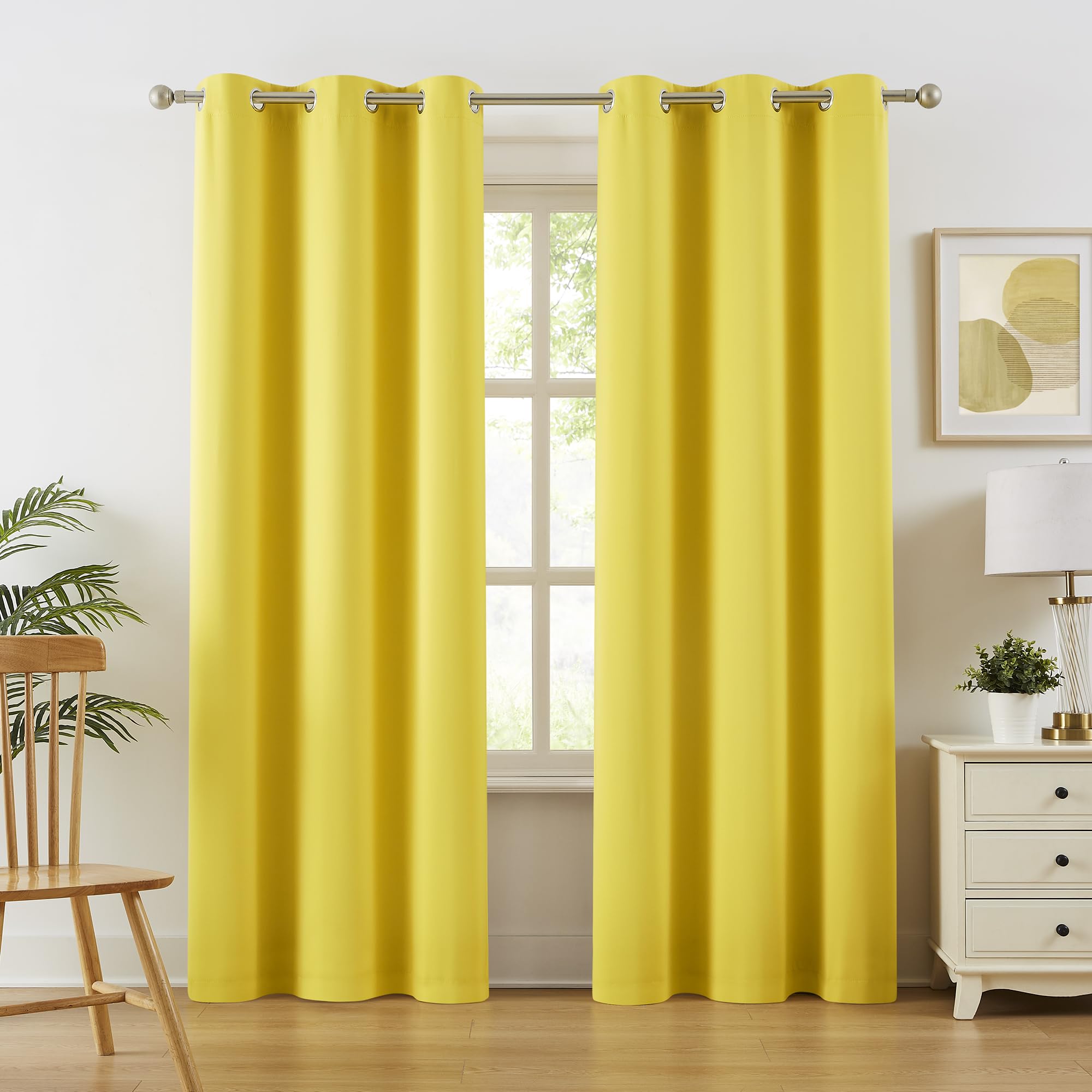 DUALIFE Vibrant Illuminating Yellow Blackout Curtains 84 Inch Length Grommet Thermal Insulated Curtain Drapes for Living Room Bedroom 2 Panels Set 42W x 84L