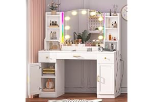 CSZZD White Makeup Vanity Desk with Mirror and Lights, Large Vanity Table with Charging Station & LED Lights, Makeup Vanity with Lights and Drawers, Dressing Table with Glass Tabletop & 2 Cabinets