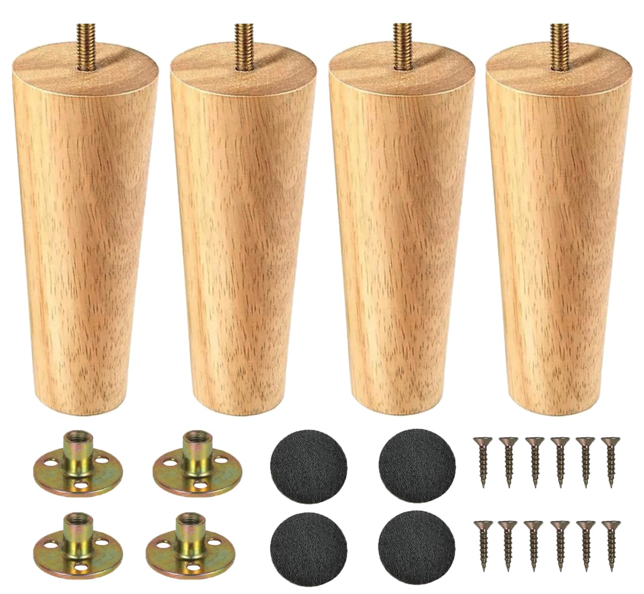 LCOUACEO Furniture Feet, Wooden Table Legs, Pack of 4, Conical Furniture Legs, Replacement 15 cm Sofa Feet, Wooden Legs for Furniture, Cabinet Legs, Cabinet Feet with Mounting Plate, Rubber Pads for