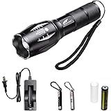 Hausbell T6 Adjustable Focus Zoom LED Flashlight with Rechargeable 18650 Battery and Smart Charger (Black)