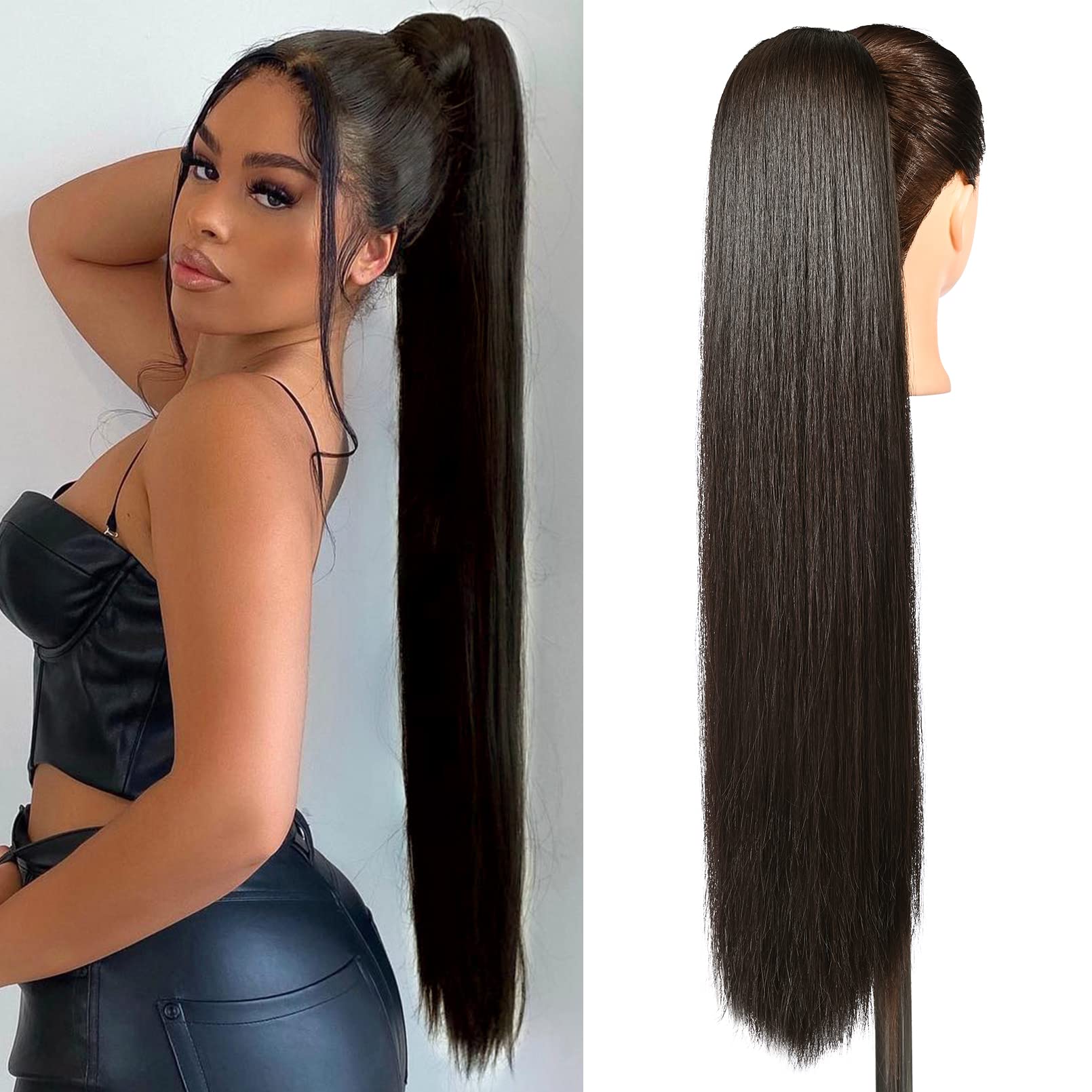 Photo 1 of SEIKEA Ponytail Extensions Drawstring Long Straight Fake Pony Tail Natural Soft Clip in Hair Extension Synthetic Heat Resistant Hairpiece 32 Inch 165 Gram Black Brown