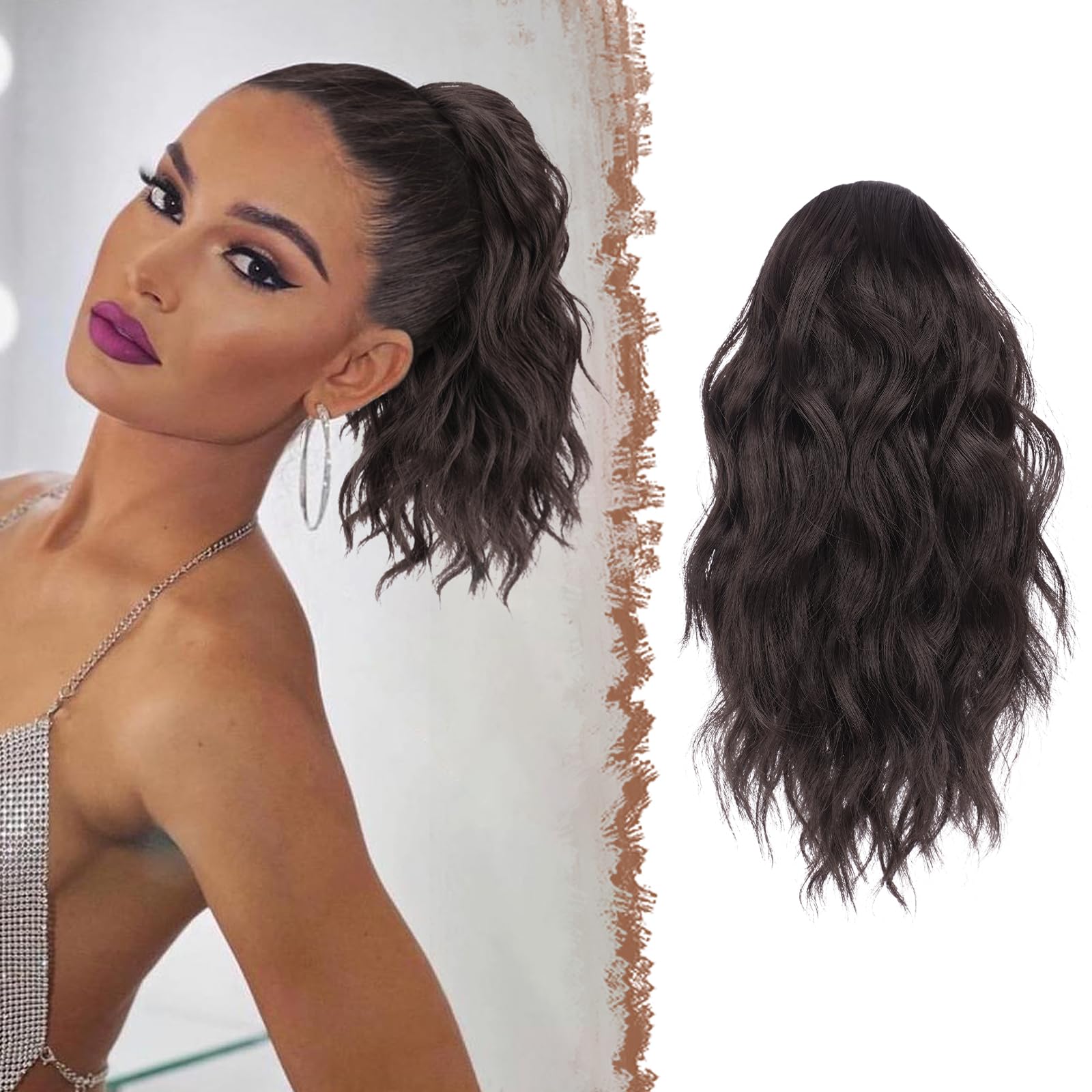 Photo 1 of FESHFEN Ponytail Extensions - Drawstring Ponytails Hair Extension Short Curly Wavy Hair Piece Synthetic Brown Pony Tail Hairpieces for Women, Dark Brown 12 inch