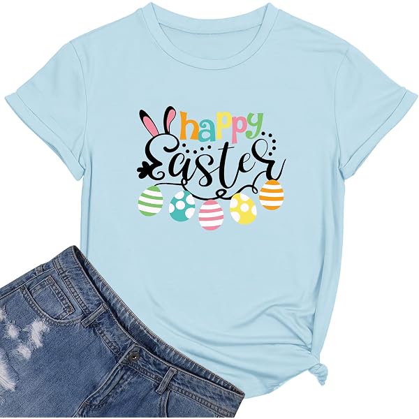 NTSWZYS Happy Easter T-Shirt For Women - Bunny Graphic Tee, Short Sleeve Casual Easter Top - View #3