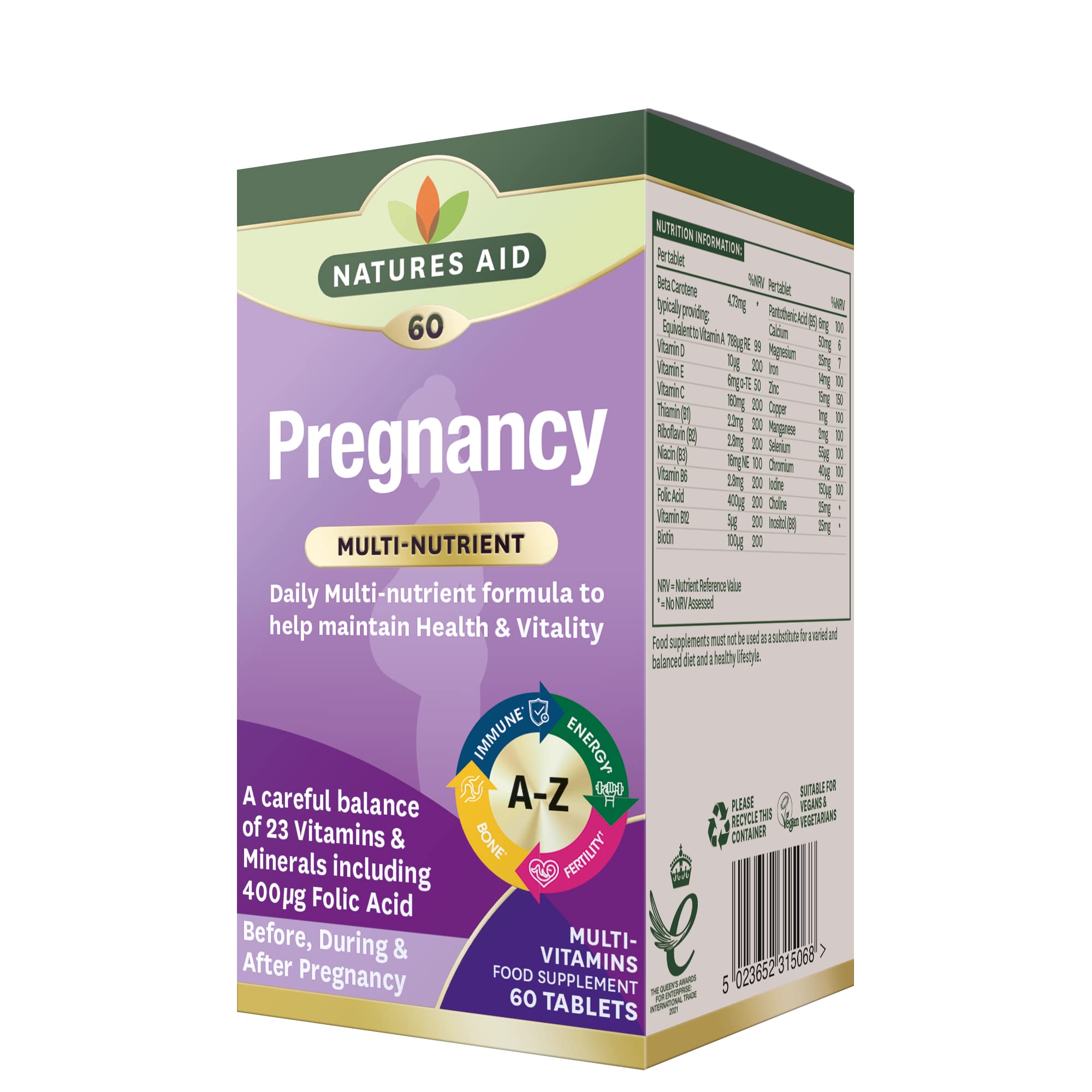 Natures Aid Pregnancy Multivitamin - 23 Vitamins & Minerals with Iron & Folic Acid - Daily Prenatal Supplement for Before, During & After Pregnancy - Vegan, Non-GMO, Gluten-Free - 60 Tablets