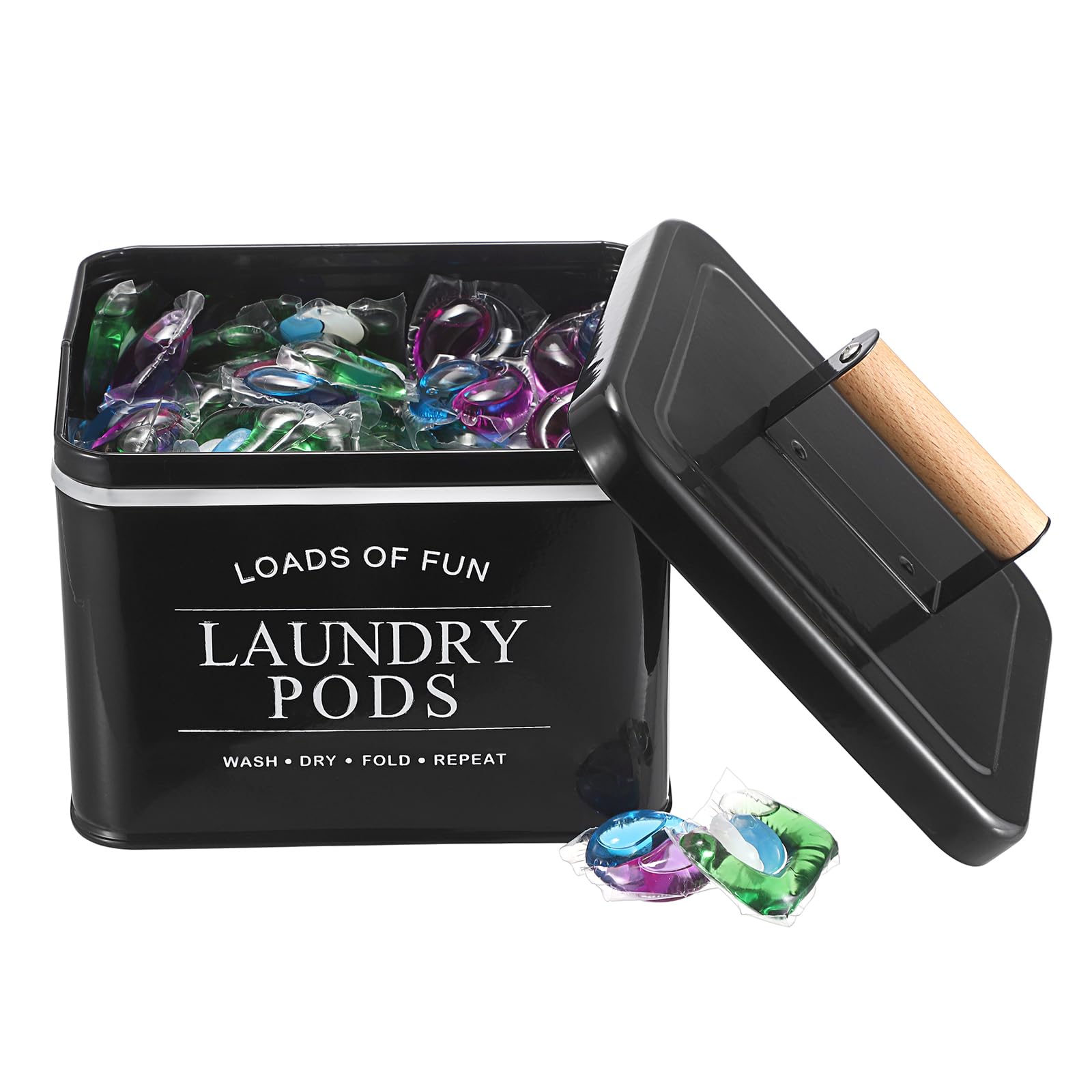 TOLIDA Metal Laundry Pods Container with Lid - Black Square Storage Box for Laundry Pods, Detergent Pods Holder for Laundry Room, Metal Storage Container for Washing Pods, bath Bombs