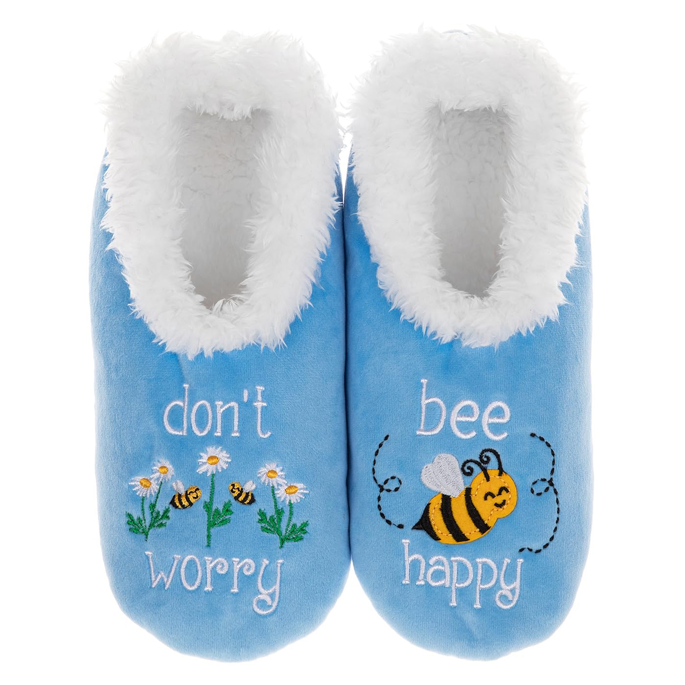 Snoozies Pairables Super Soft Sherpa Womens House Slippers - Don't Worry Bee Happy (Blue, small)