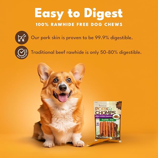 PORK CHOMPS BAKED PORK SKIN DOG CHEWS, 5 INCH MINI TWISTS, 12 COUNT – SWEET POTATO WRAP – LONG-LASTING TREATS FOR DOGS – HIGH PROTEIN, RAWHIDE-FREE, LOW FAT, HEALTHY & DELICIOUS CHEWS