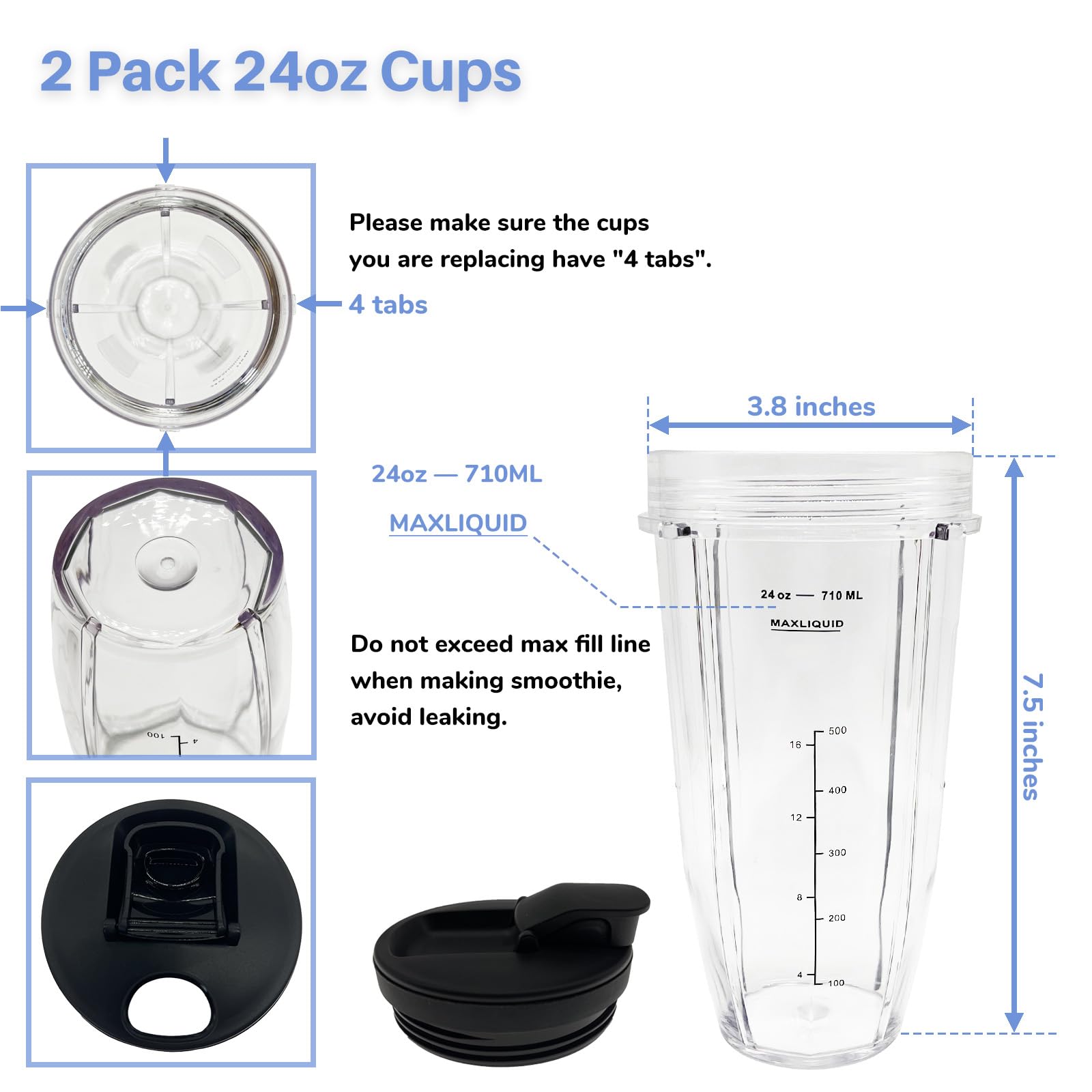 Blender 24 oz Cups & 7 Fins Blade 703KKU100 Replacement Parts Compatible with Ninja Foodi Power SS100 SS101, SS150 Twist, SS151 Twisti, SS300 SS350 SS351 SS400 SS401 CO101B CO150B CO351B CO401B