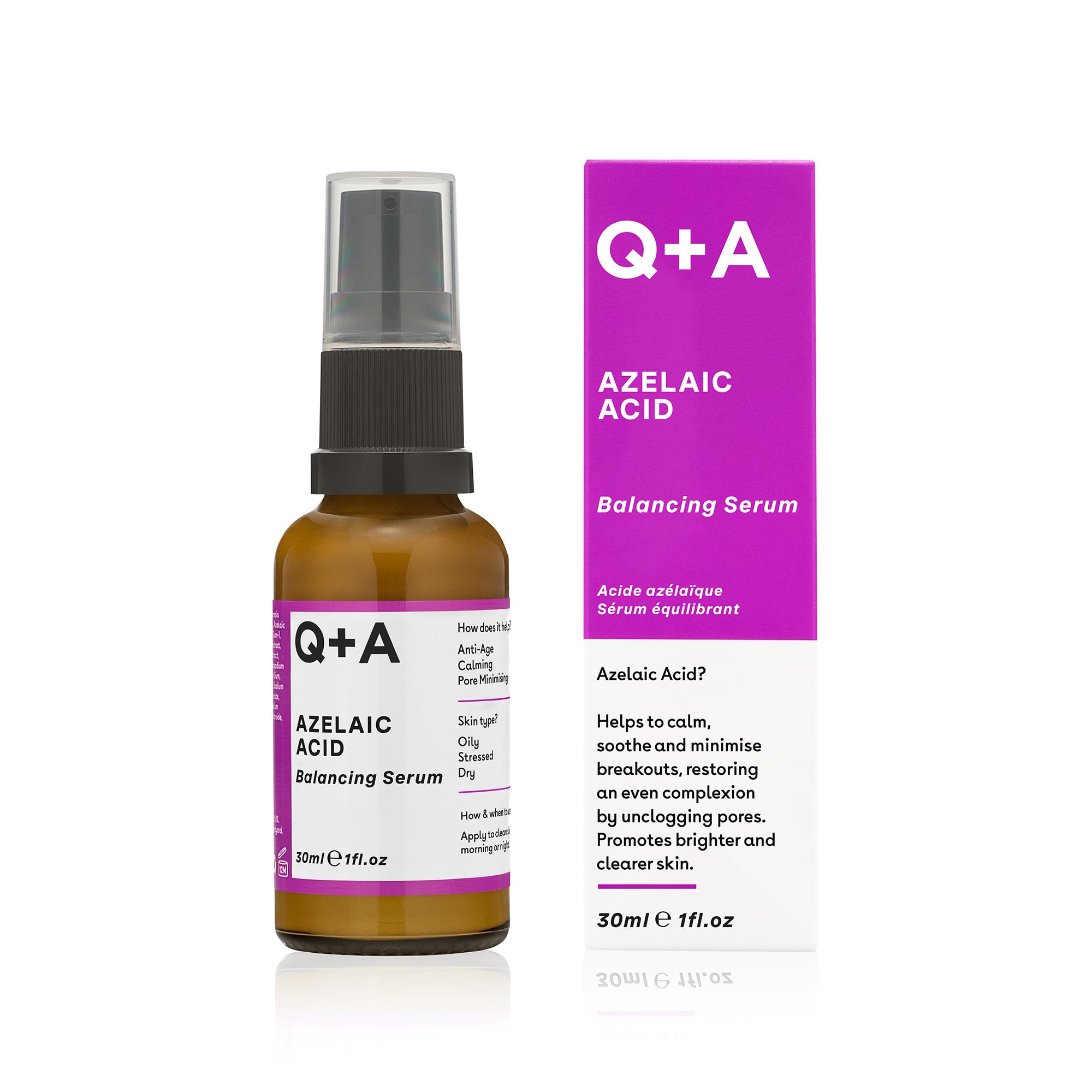 Q+A Azelaic Acid Balancing Serum (30ml), Natural Face Serum with Zinc PCA and Antioxidant Super Grains, Fragrance Free Skincare, Calms Blemishes and Smoothes Skin