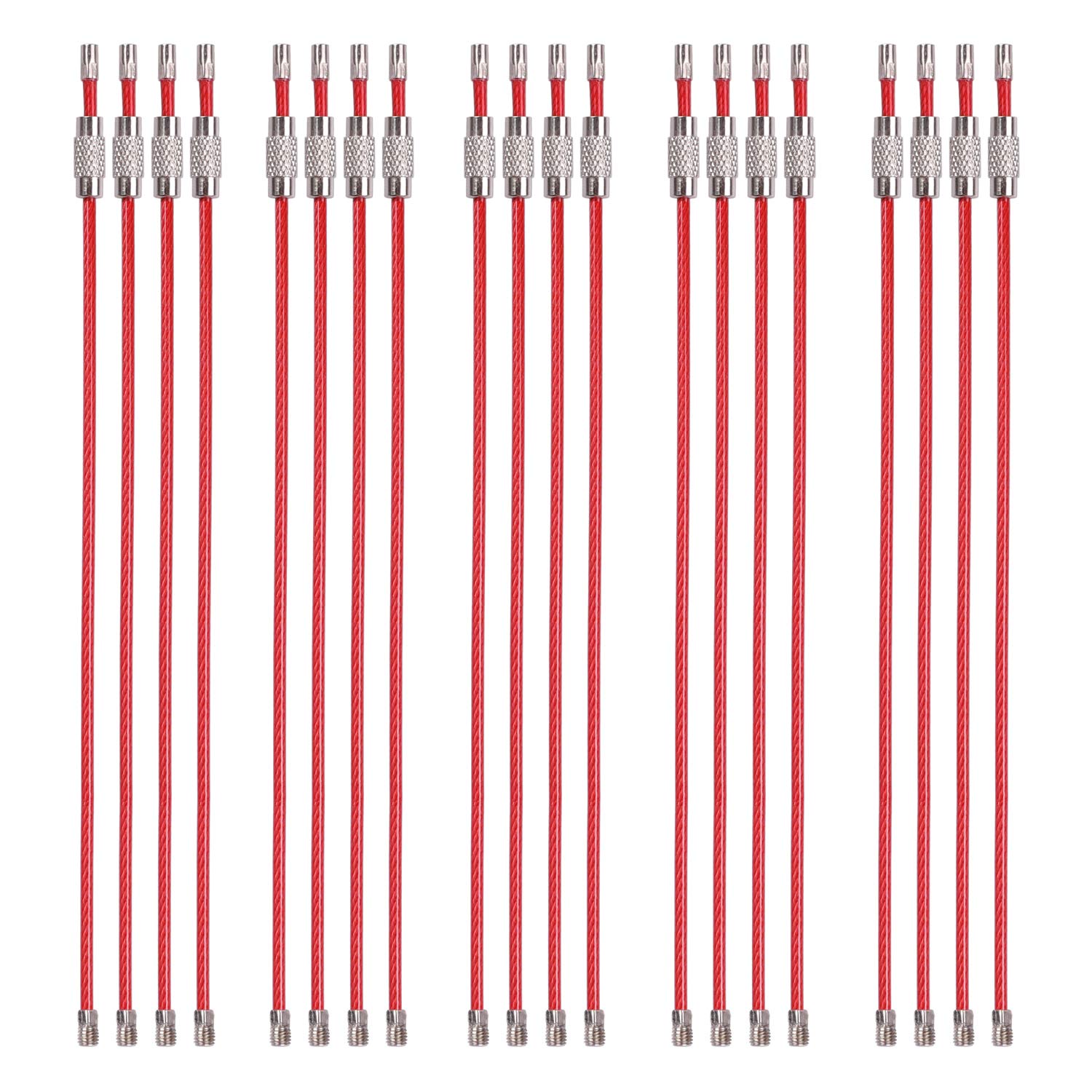 BEYEE Keychains of colored Nylon Coated Stainless Steel Wire Ring 6.3‘’ Aircraft Key Ring Loops for Hanging Luggage Tags or ID Tags (20, Red)