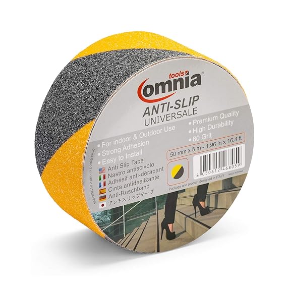 OMNIA TOOLS UNIVERSALE Anti-Rutsch-Band für Innen & Außen | Selbstklebend | Gelb/Schwarz, 0,75 mm, 50 mm x 5 m