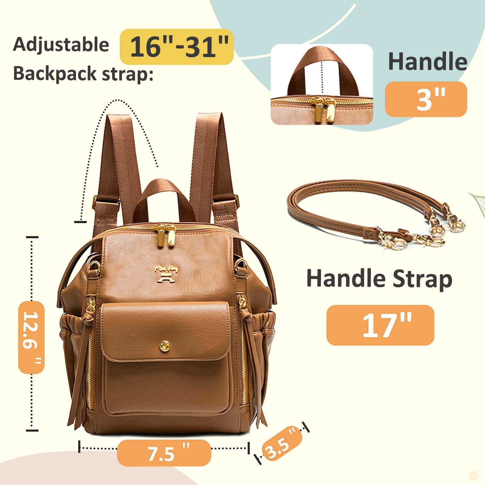 miss fong Small Diaper Bag, Mini Dackpack Leather Diaper Bag Backpack with 12 Diaper Bag Organizer, Insulated Pocket, 2 Insulated Pockets (Brown)