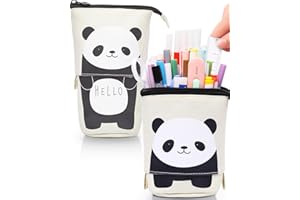 Sooez Standing Pencil Case, Cute Stand up Pencil Pouch, Telescopic Pen Pouch, Portable Pencil Holder, Kawaii Stand up Pencil Case, Spacious Pencil Pouch Bag for School Office Supplies, Beige Panda