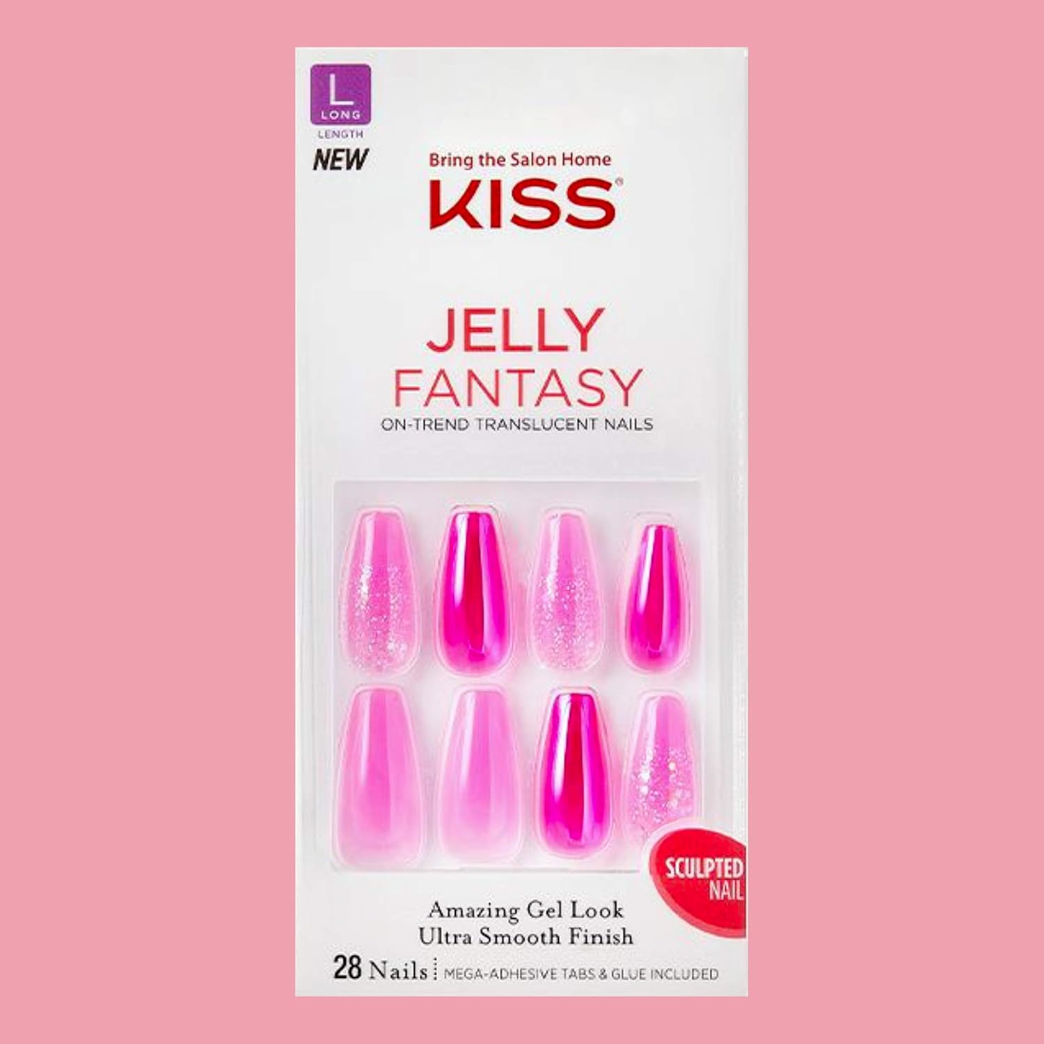 Kiss Jelly Fantasy Long Length Translucent Sculpted Hot Pink Nails