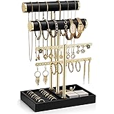 Vlando 3 Tier Necklace Holder Organizer with Tray, Leather Bracelet Holder Display for Women, Gold Jewelry Stand for Bracelet, Necklace, Earrings, Rings - Black