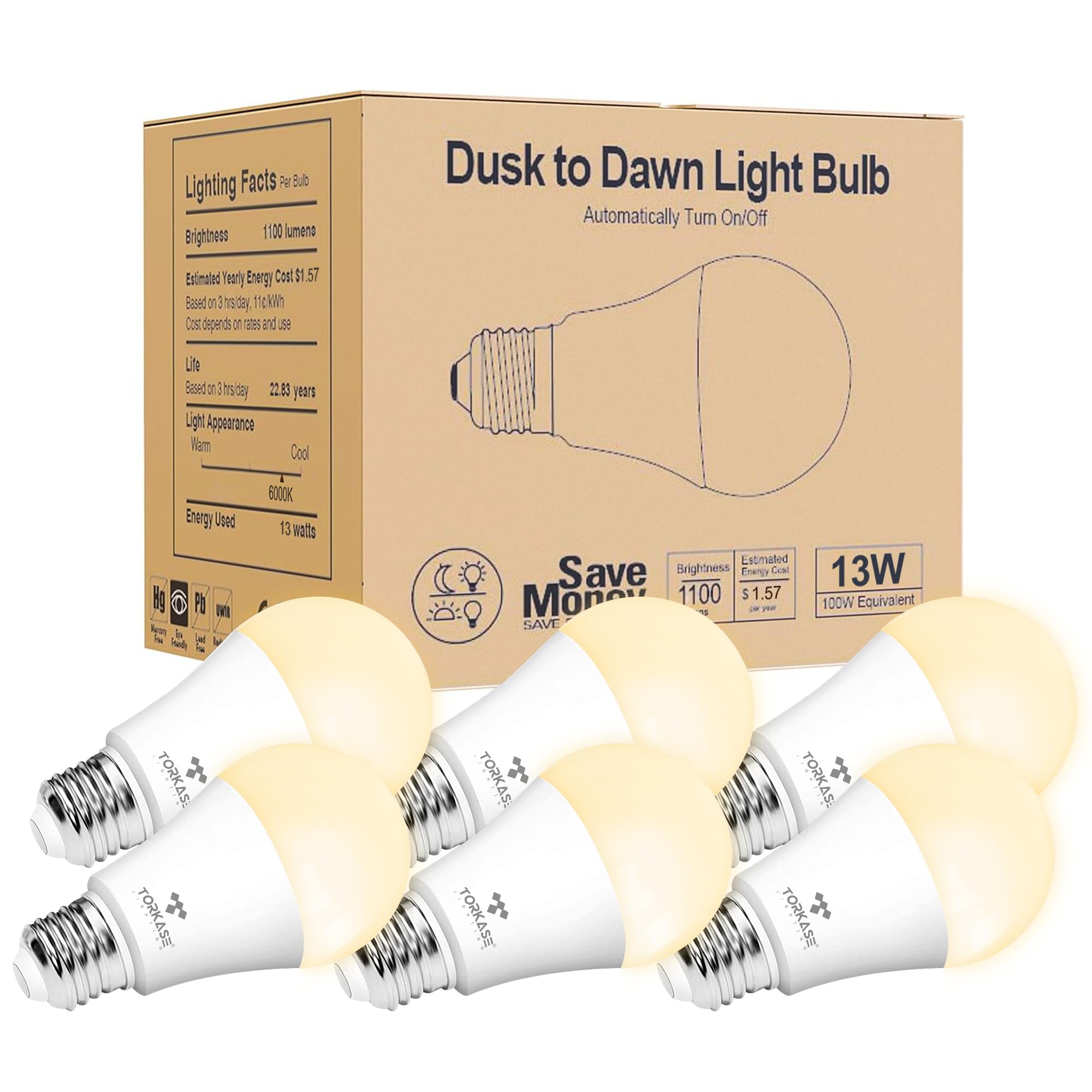 Photo 1 of Torkase Outdoor Dusk to Dawn Light Bulbs, 12W(100W Equivalent), E26 3000K, Built-in Photocell Detector, Automatic On/Off, Smart Sensor LED Lighting Bulb for Porch Hallway Garage Boundary-6 Pack