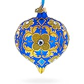 Jeweled Golden Leaves on Blue Onion-Shape Finial Glass Christmas Ornament