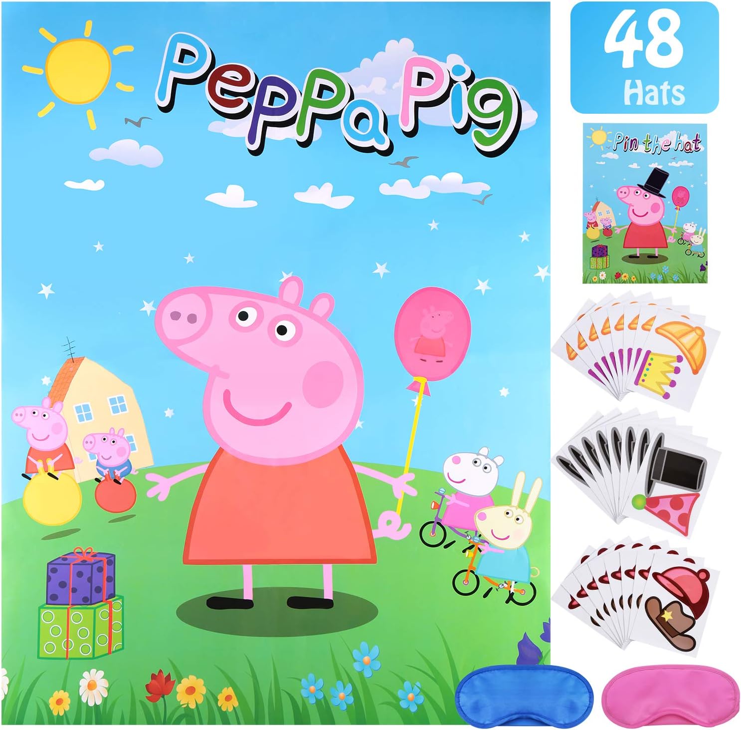 Pin The Hat On Pig Game for Peppa Birthday Party Supplies | Party Decorations (48 Hats): Toys & Games