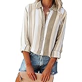 Linen Shirts for Women Button Down Shirts Long Sleeve Collared Blouses Striped Casual Work Tops Cowgirl Western Outfits - Khaki White Striped XL