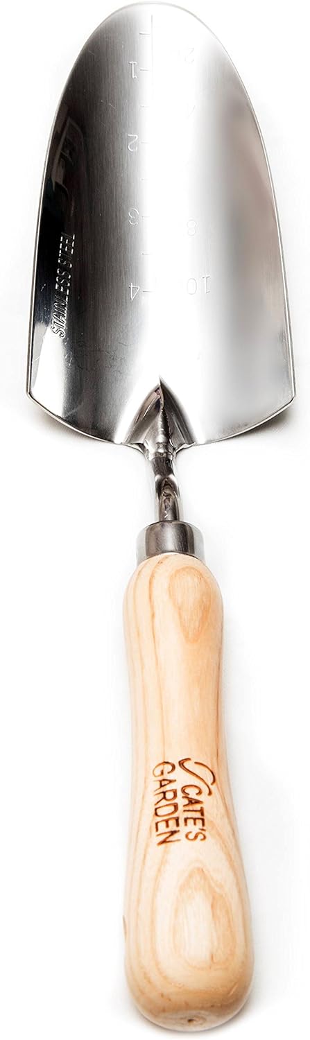 Cate's Garden Hand Trowel - Dig, Shovel and Plant - Heavy Duty Stainless Steel Garden Spade Tool, Smooth Vintage-Style Natural Ash Wood Handle and Leather Strap : Garden & Outdoor