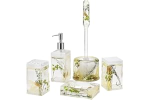 Locco Decor 5 Piece Acrylic Liquid 4D Floating Motion Bathroom Vanity Accessory Set Garden Botanic Green Plants Toothbrush Holder, Tumbler, Soap Dispenser, Soap Dish, Toiletbrush Holder Set