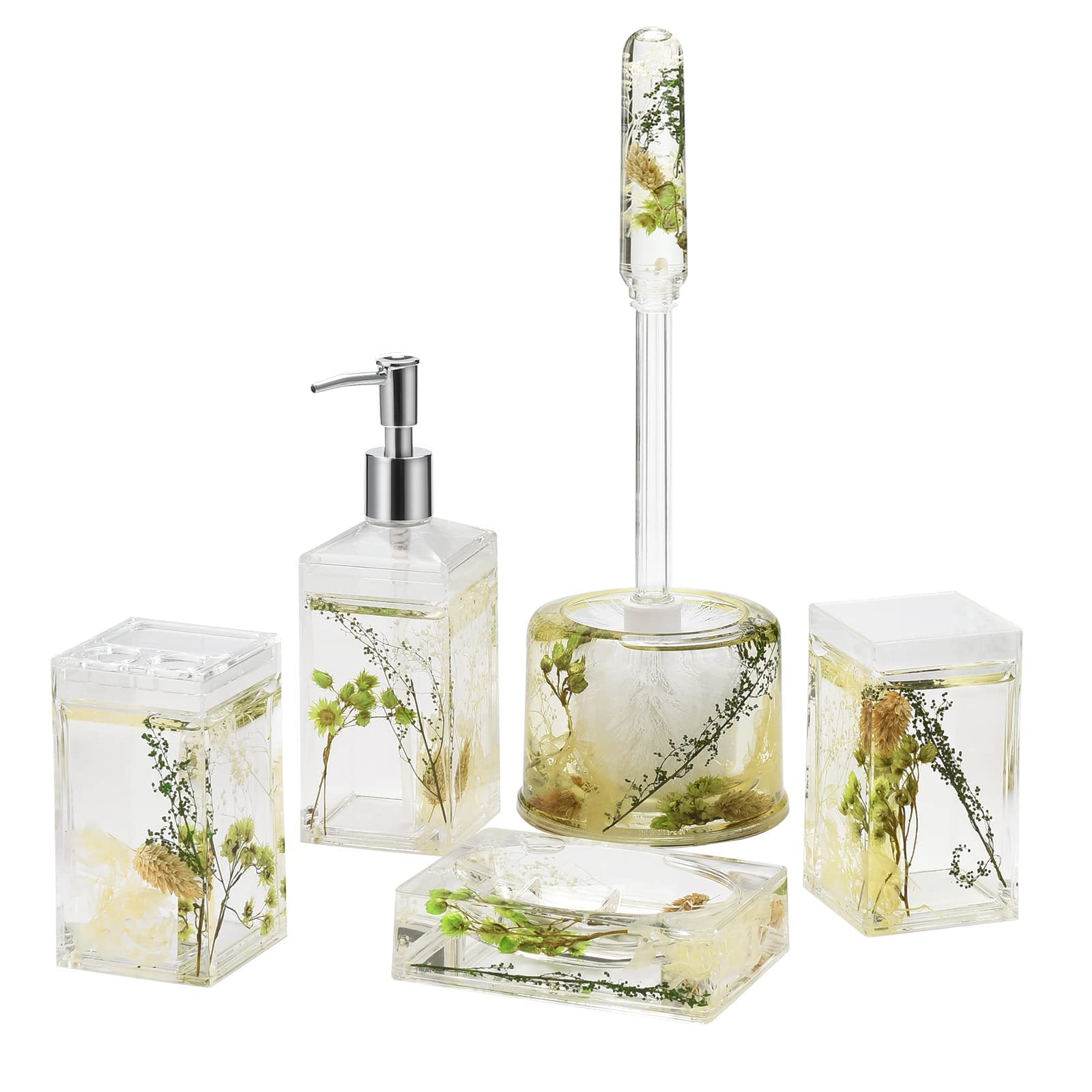 Locco Decor 5 Piece Acrylic Liquid 3D Floating Motion Bathroom Vanity Accessory Set Green Plants