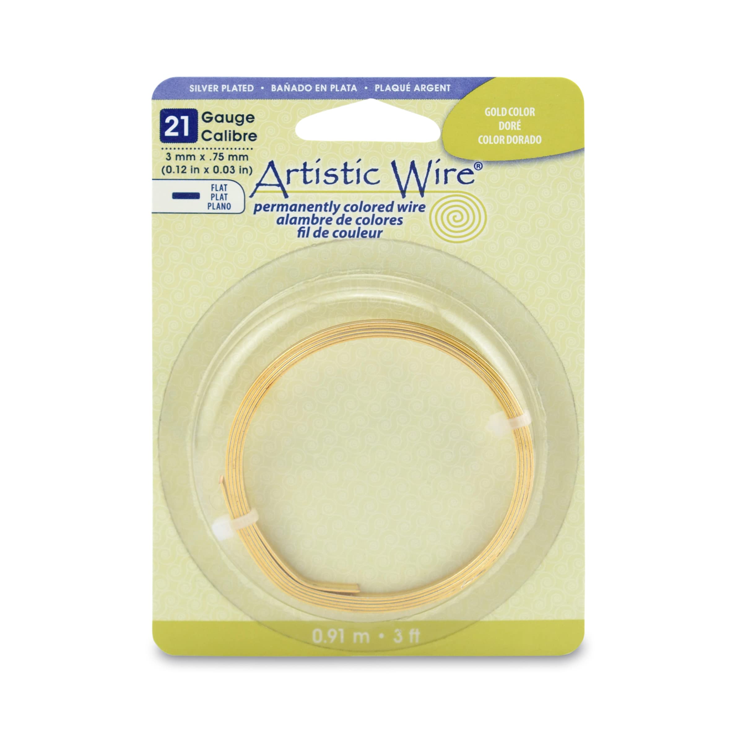 Artistic Wire, 21 Gauge, Flat, 3 mm x .75 mm / 0.12 in x 0.03 in, Silver Plated Gold Color, 3 ft / .91 m