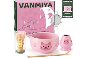Vanmiya Matcha Whisk Set, 5Pcs Ceramic Matcha Set Includes Matcha Bowl, Matcha Whisk and Holder, Bamboo Scoop and Sifter, Ide