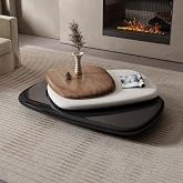 3‑Color Modern Rotating Coffee Table, Unique Center Table for Living Room | 360&deg; Rotating Double Boards, White Lacquered Tabletop, Black Painted Base, Home Furniture for Living Room, Walnut Veneer
