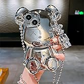 LANJINDENG Compatible with iPhone 14 Case 3D Cartoon Silver Teddy Bear Sparkle Bling Design with Metal Chain Strap Bell Pendant, Street Fashion Soft TPU Designer Protection Cover for Women Girls