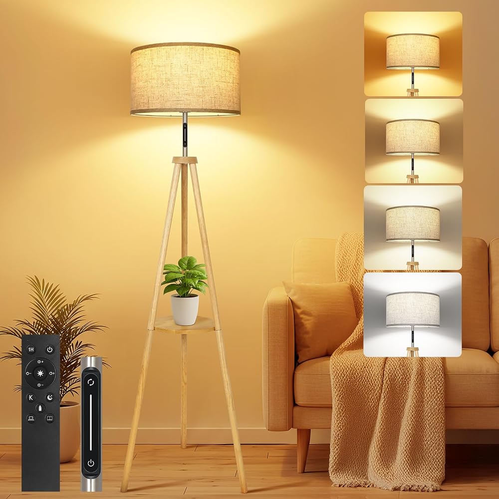 OUTON Solid Wooden Tripod Floor Lamp with Remote, Dimmable & 4 Color Temp