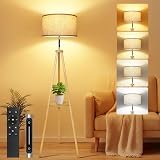 OUTON Solid Wooden Tripod Floor Lamp with Remote, Dimmable & 4 Color Temp