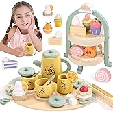 Wooden Tea Party Set for Little Girls, Toddler Tea Set with Cupcake Stand & Food Dessert, Pretend Play Food Kitchen Accessories for Kids Girls Age 2 3 4 5 6 Birthday Gift Wood Educational Toys