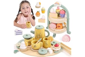 PODEDDJU Wooden Tea Party Set for Little Girls, Toddler Tea Set with Cupcake Stand & Food Dessert, Pretend Play Food Kitchen Accessories for Kids Girls Age 2 3 4 5 6 Birthday Gift Wood Educational Toys