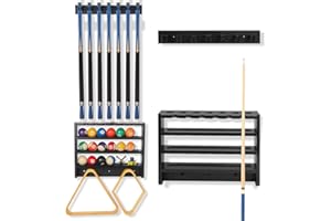 EnigmaSoul Pool Stick Holder - 7 Pool Cue Rack Wall Mount With Cue Rest and Ball holder, Wooden Pool Table Accessories Equipment Organizer, Billiard Cue Racks for Game Room Men Cave- Black