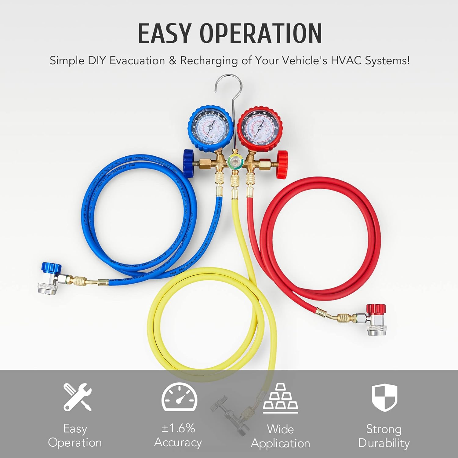 AC Manifold Gauge Set, AC Gauges for R134a R12 R22 R502 Refrigerant, Car AC Gauge Set with 5FT Hoses Adapter Adjustable Couplers, Puncturing & Self Sealing R134A Can Tap Freon Charge Kit: Industrial & Scientific
