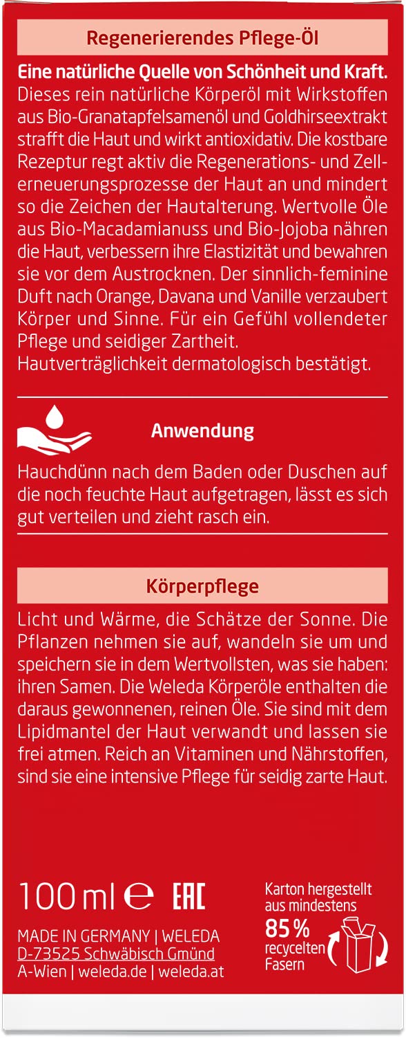 WELEDA Bio Granatapfel Körperöl - ätherisches Naturkosmetik Hautpflege Massageöl / Pflegeöl mit Jojobaöl, Sesamöl & Macadamia Öl strafft die Haut & mindert Zeichen der Hautalterung (vegan / 100ml) 2