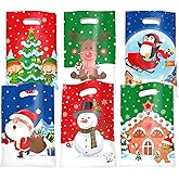 Jocomoni 50Pcs Christmas Goodie Bags Treat Bags Plastic Candy Treat Bags with Handle Gift Bag for Christmas Party Favors Supplies