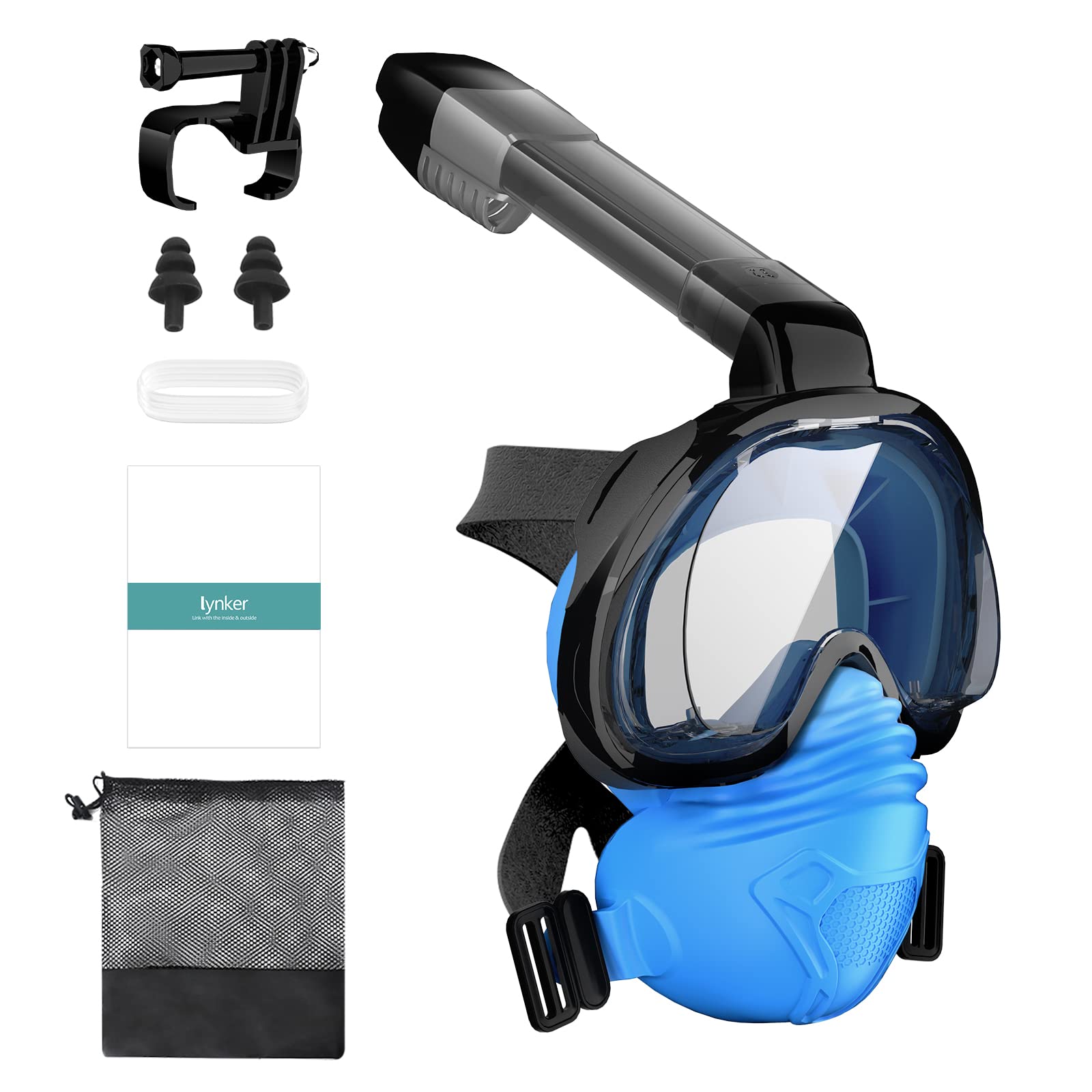 lynker Full Face Snorkel Mask for Adult, Snorkeling Mask with Camera Mount & 180° Panoramic View, Foldable Diving Mask & Snorkel Set, Anti-Fog & Anti-Leak Snorkel Face Mask Safe Breath (Blue Black, L)