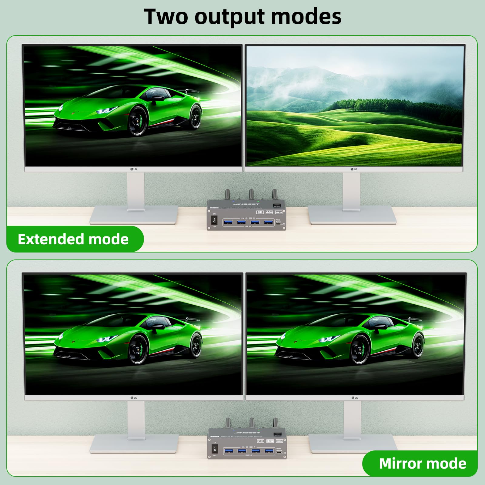 KVM Switch 2 Monitors 2 Computers 8K@60Hz, 4K@144Hz, ANGEET HDMI and Displayport Dual Monitor KVM Switch with 4 USB 3.0 Port for Keyboard Mouse Printer, with Wired Remote, Power Adapter and USB Cable