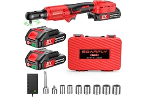 SOARFLY 3/8" Cordless Electric Ratchet Wrench Set, Upgraded 60FT-LBS (80N.m) 21V Powerful Ratchet Tool Kit, LED Light Cordless Ratchet,Variable Speed,7 Sockets, 3" Extension Bar, 1/4" Adapter, 2*2.0Ah Battery
