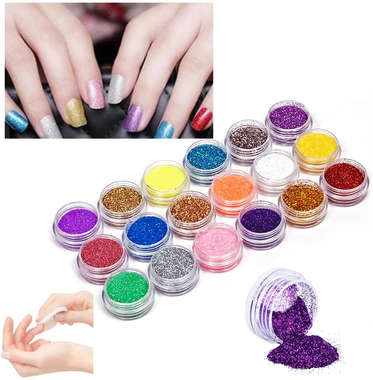 DIP Your Tips 18 Colors Nail Art Glitter POTS Powder Dust Gel Acrylic Powder, Nail Artist Glitter, Includes Wipe Sheet