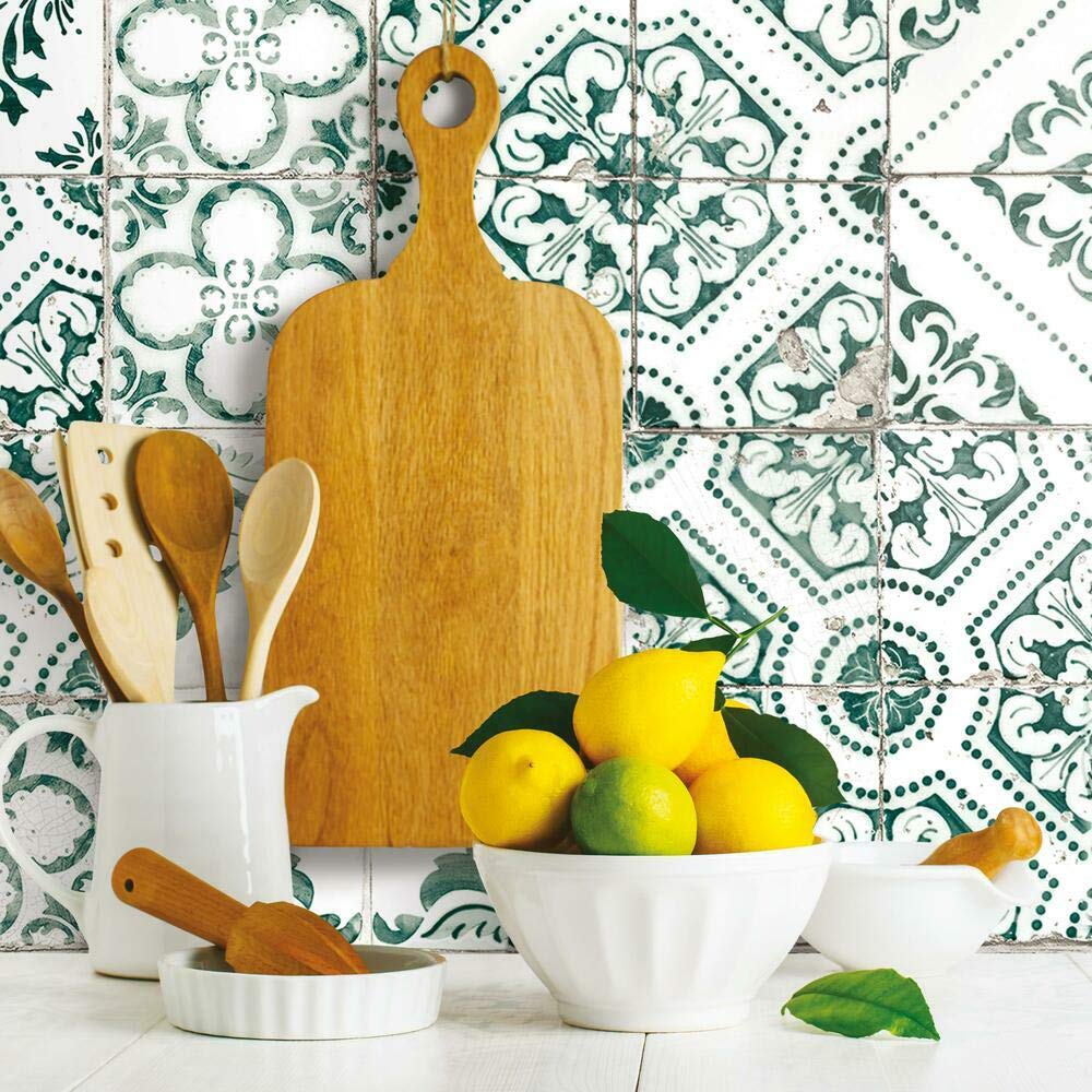 RoomMates RMK11281WP Forest Green Mediterranean Tile Peel and Stick Wallpaper